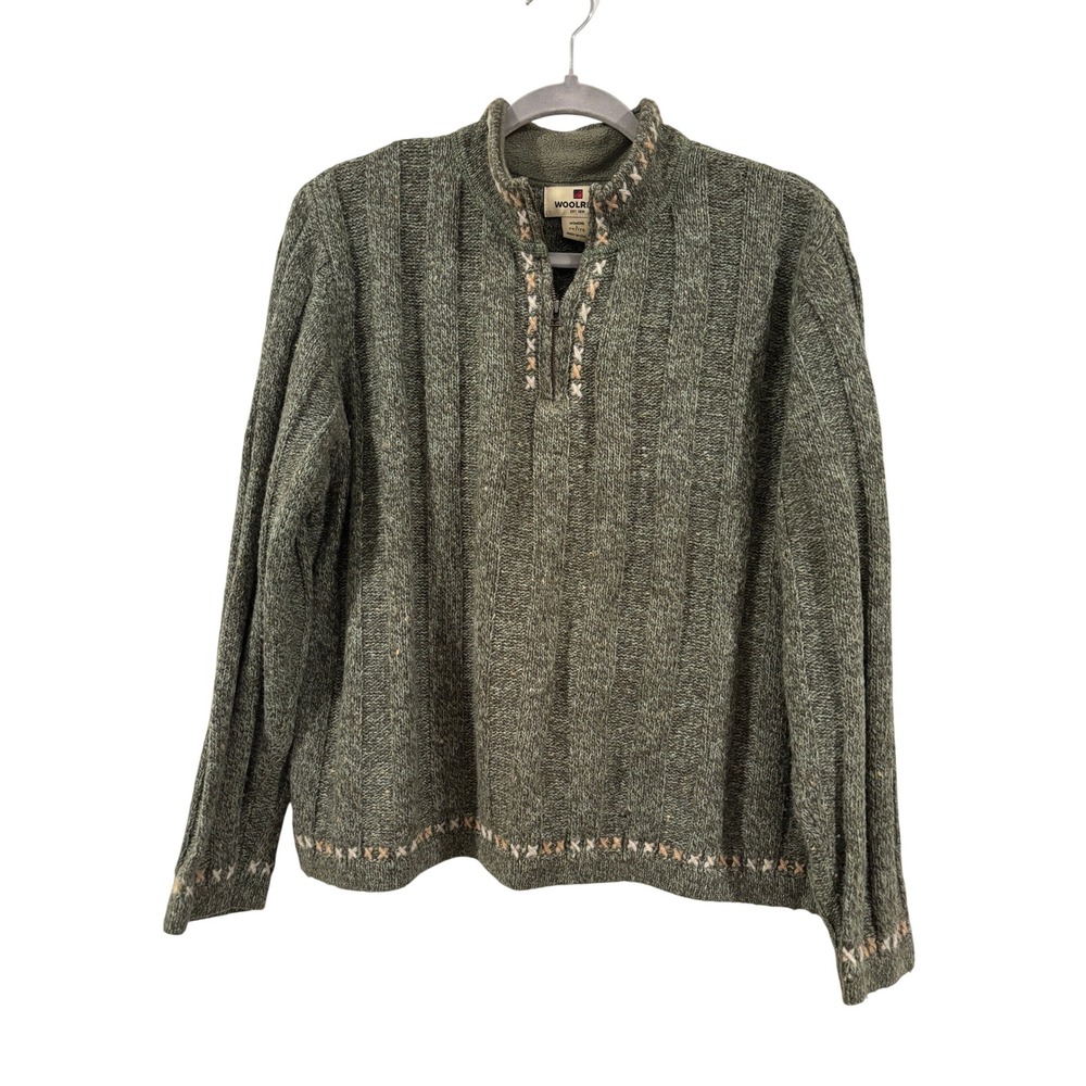 Woolrich Sweater Womens Large Petite Green Heather 1/4 Zip Cross Stitch